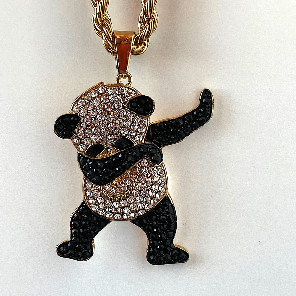 Iced-Out Bling Panda Dabs Chunky Rhinestone/Gold Statement Necklace
